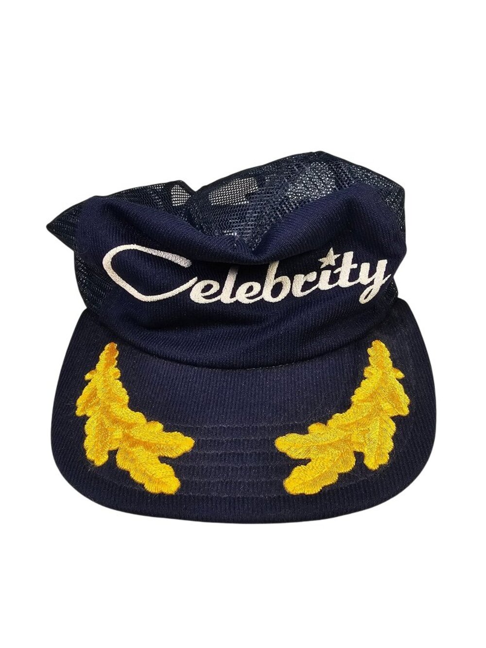 Celebrity Snapback Mesh Trucker Hat with Gold Leaf Embroidery Navy Blue Newton